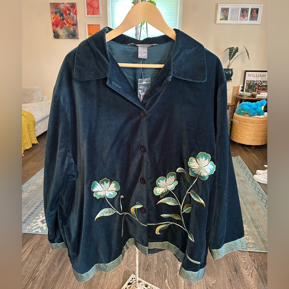 Jessica Holbrook Easycare Floral Embroidered Velvet Jacket blazer 2X Teal Boho